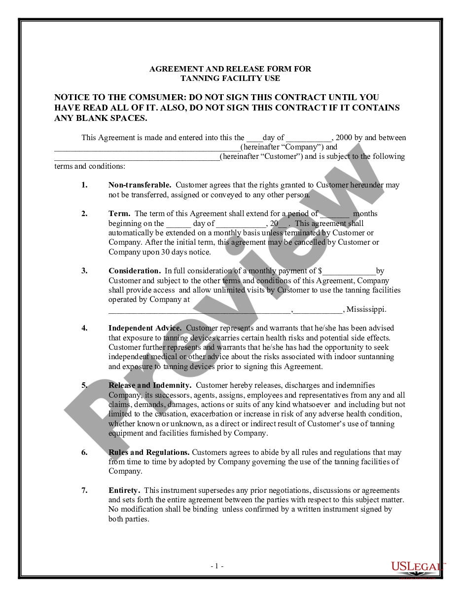 page 0 Sun Tanning Bed Agreement and Release Form preview