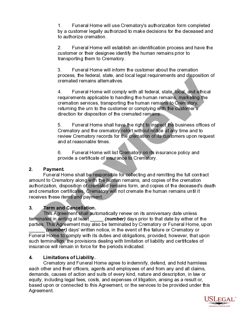 Get Agreement between Funeral Home and Crematory for Cremation Services Preview Agreement between Funeral Home and Crematory for Cremation Services