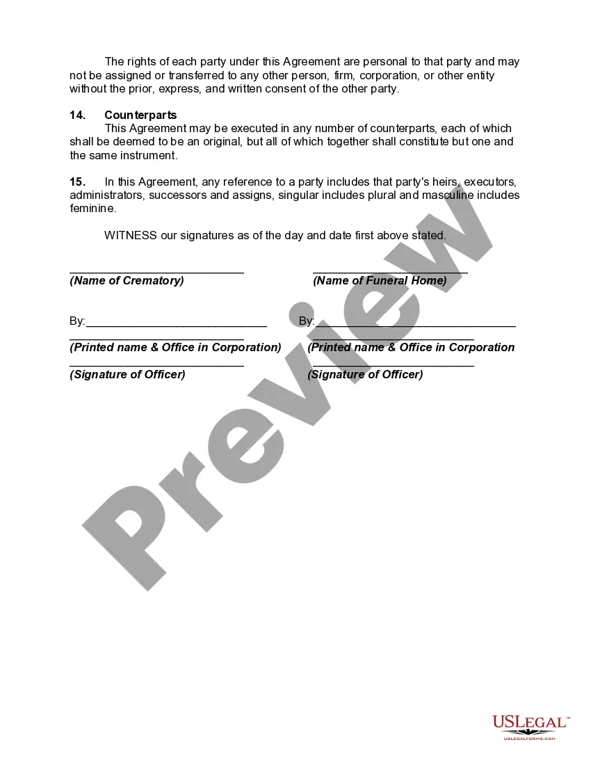 Get Agreement between Funeral Home and Crematory for Cremation Services Preview Agreement between Funeral Home and Crematory for Cremation Services