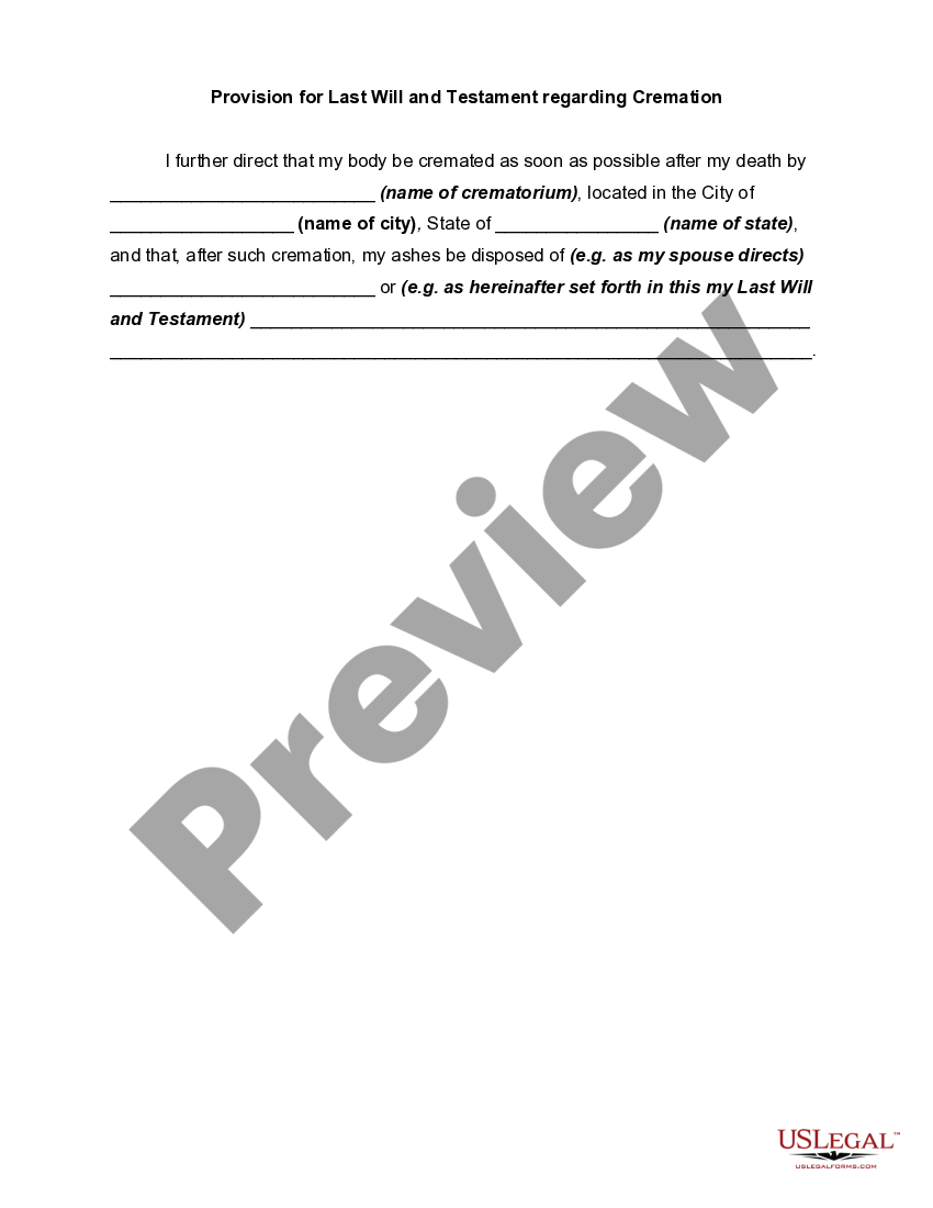 Provision for Last Will and Testament regarding Cremation Regarding