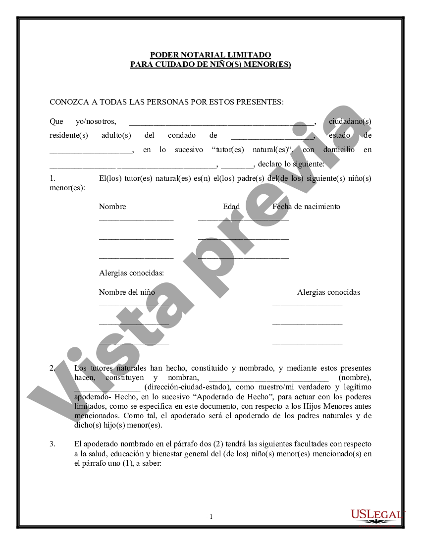 Kentucky Poder Notarial Para El Cuidado De Un Niño O Niños Menores De Edad Poder Notarial Us 8318