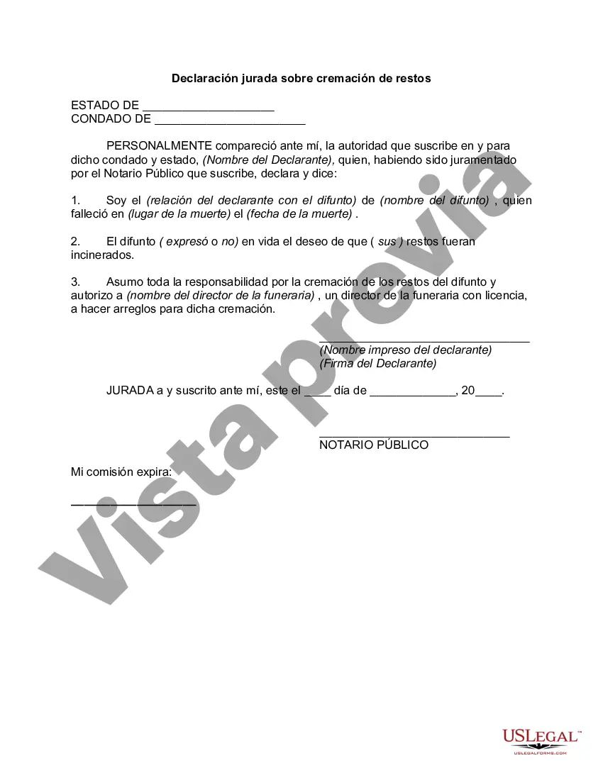 Preview Declaración jurada sobre cremación de restos