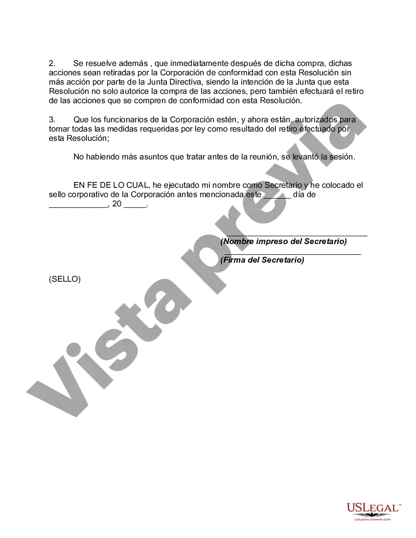Preview Resolución de los directores de una corporación cerrada que autoriza la redención de acciones