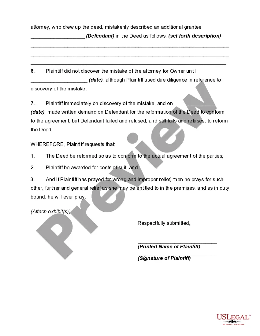 Get Complaint to Reform Deed - Mistake in Erroneous Names of Two Grantees Preview Complaint to Reform Deed - Mistake in Erroneous Names of Two Grantees