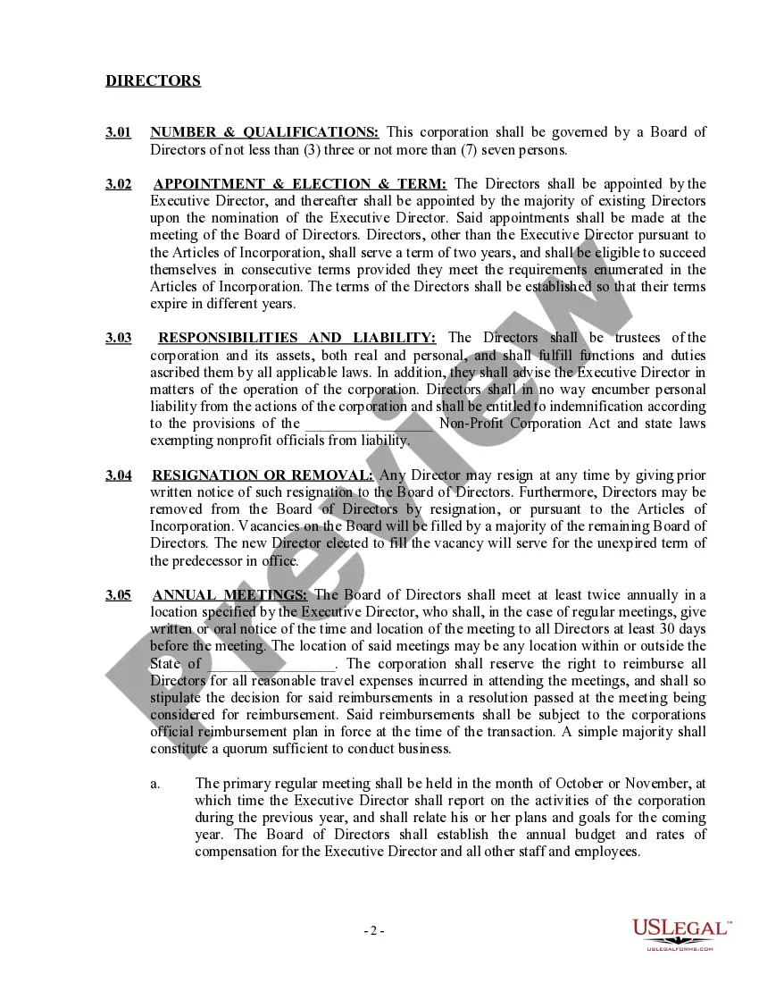 Preview Bylaws of a Nonprofit Organization - Multistate