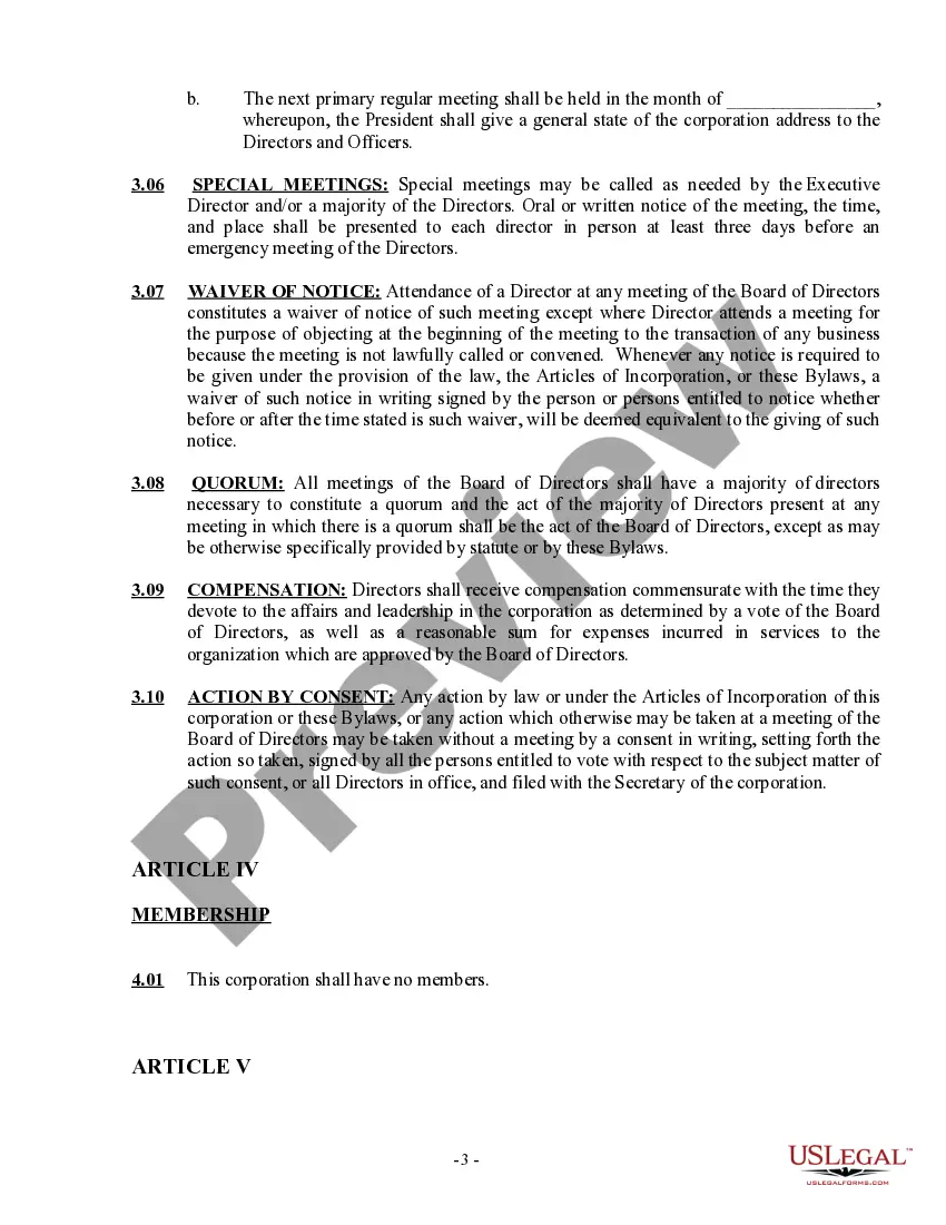 Preview Bylaws of a Nonprofit Organization - Multistate