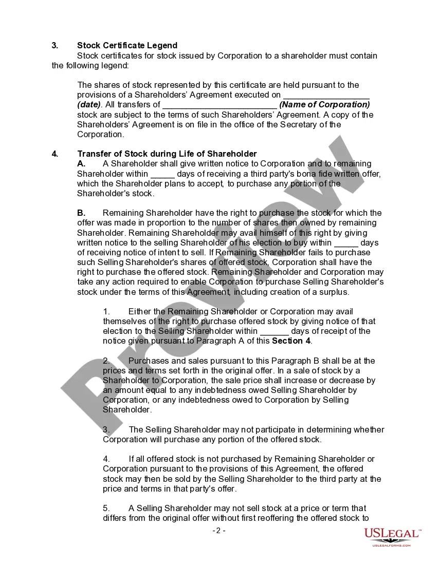 Preview Buy-Sell Agreement between Two Shareholders of Closely Held Corporation