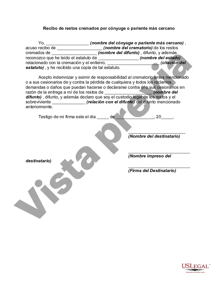 Preview Recibo de restos cremados por cónyuge o pariente más cercano