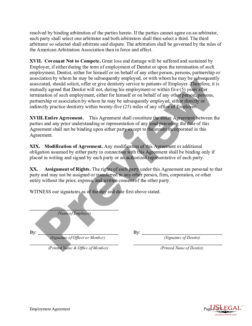 Employment Agreement between Dentist and PLLC with Covenant Not to ...