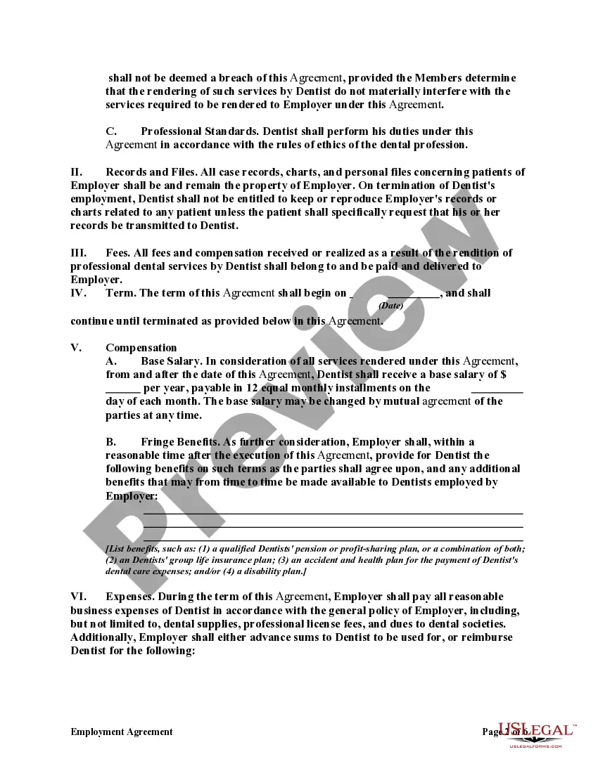 Preview Employment Agreement between Dentist and PLLC with Covenant Not to Compete
