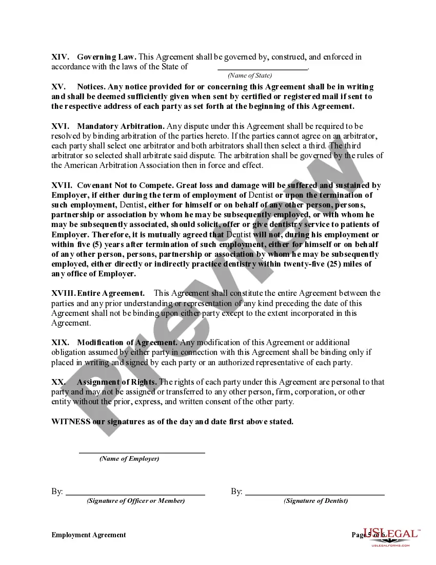 Preview Employment Agreement between Dentist and PLLC with Covenant Not to Compete