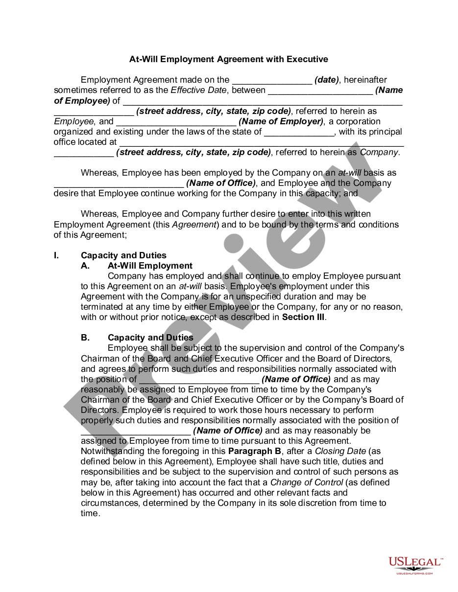 page 0 At-Will Employment Agreement with Executive preview