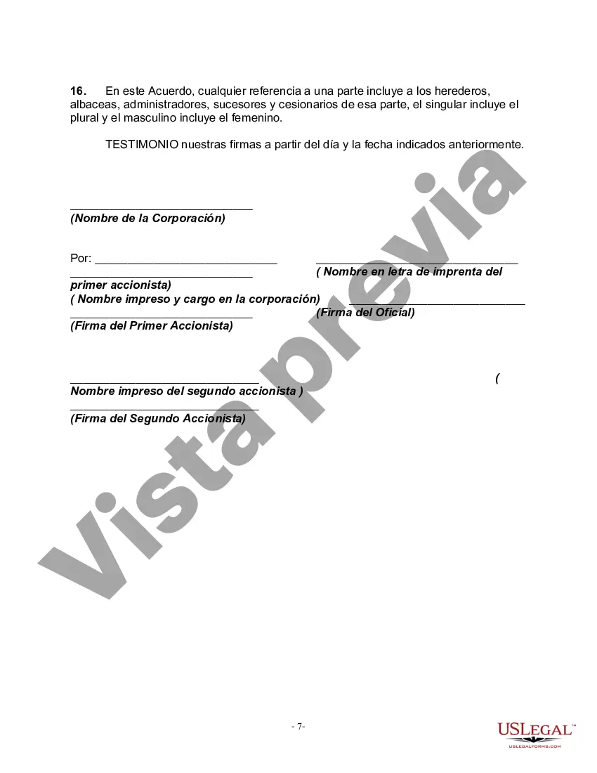 Preview Acuerdo de Accionistas entre Dos Accionistas de una Sociedad Anónima Cerrada con Disposiciones de Compra-Venta