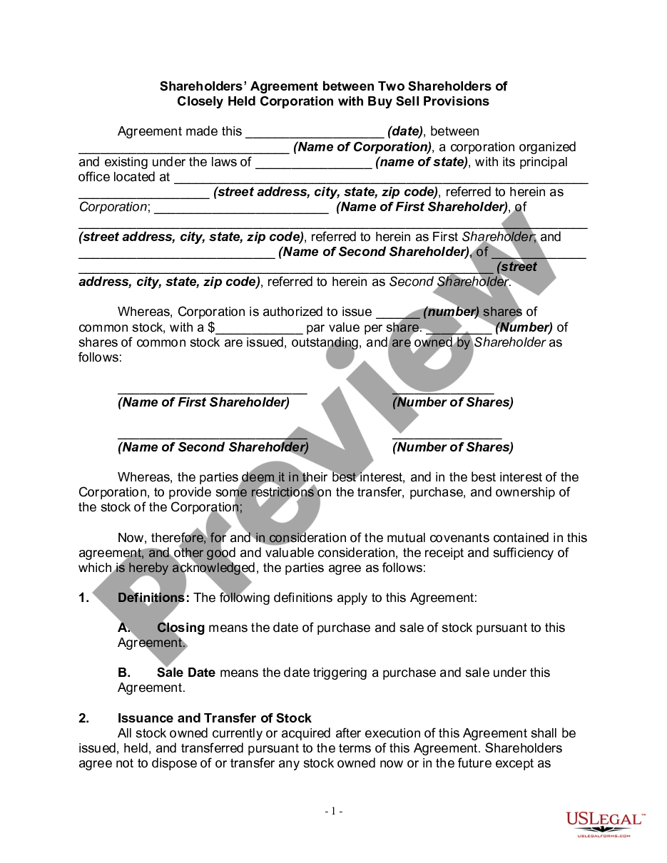 page 0 Shareholders' Agreement between Two Shareholders of Closely Held Corporation with Buy Sell Provisions preview
