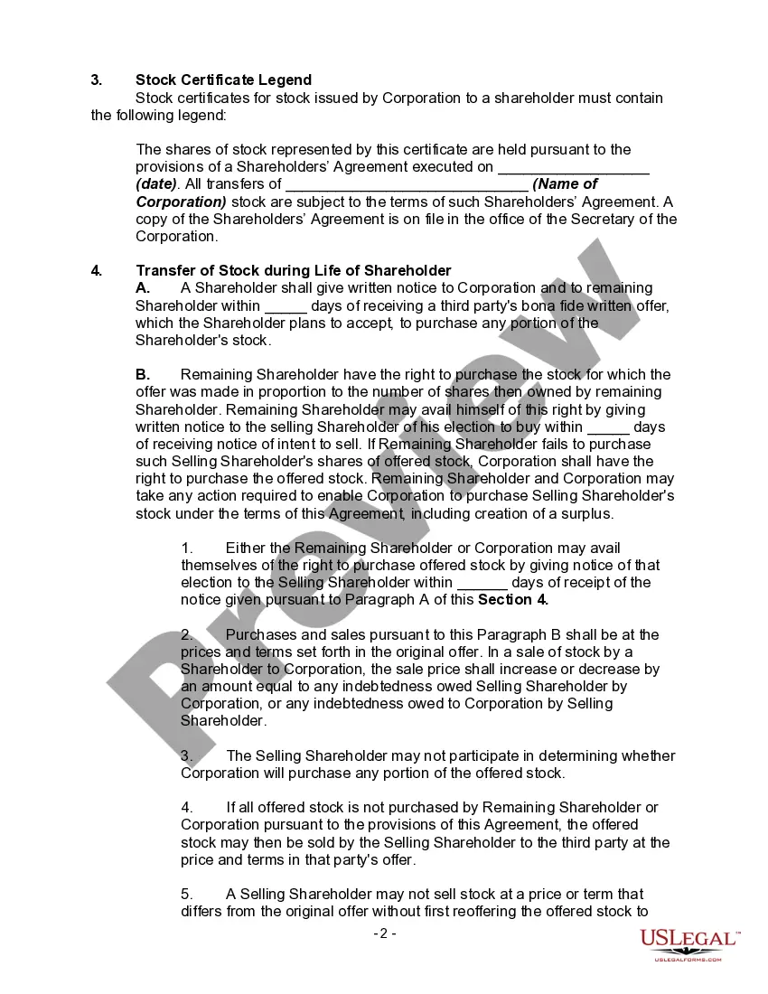 Get Shareholders' Agreement between Two Shareholders of Closely Held Corporation with Buy Sell Provisions Preview Shareholders' Agreement between Two Shareholders of Closely Held Corporation with Buy Sell Provisions
