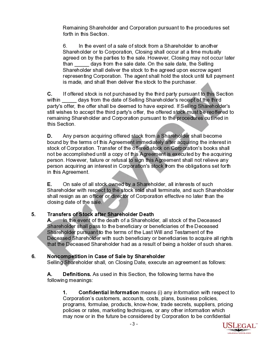 Get Shareholders' Agreement between Two Shareholders of Closely Held Corporation with Buy Sell Provisions Preview Shareholders' Agreement between Two Shareholders of Closely Held Corporation with Buy Sell Provisions