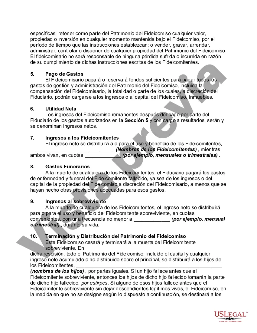 Preview Acuerdo de Fideicomiso Revocable con Esposo y Esposa como Fideicomitentes e Ingresos a