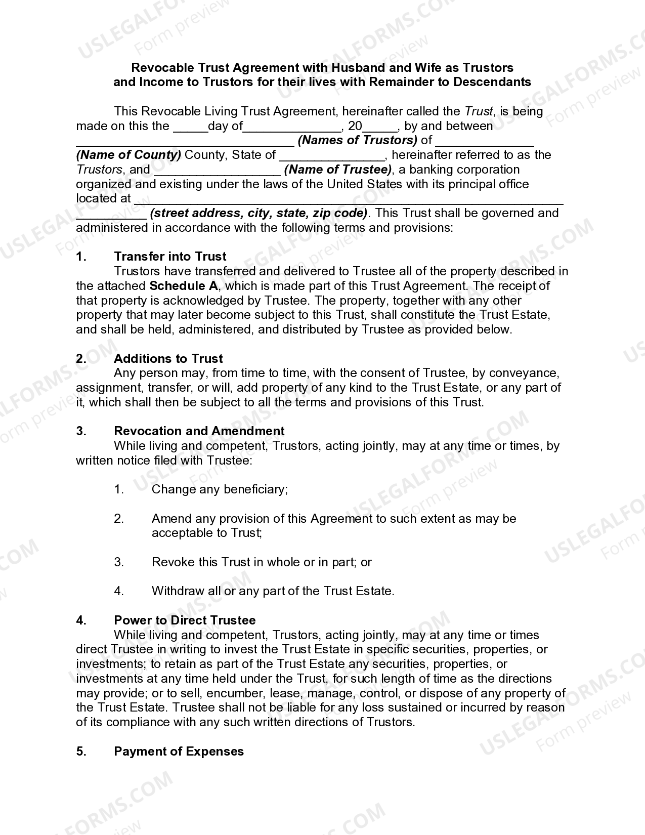 Revocable Trust Agreement with Husband and Wife as Trustors and Income ...