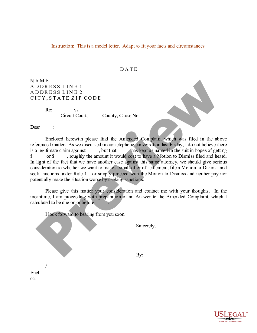 Nassau New York Sample Letter for Amended Complaint - No Legitimate ...