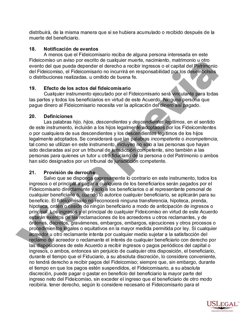 Preview Contrato de Fideicomiso Irrevocable con Fideicomitentes Mancomunados en Beneficio de sus Hijos con Disposiciones de Fideicomiso derrochador