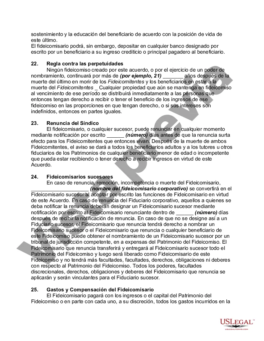 Preview Contrato de Fideicomiso Irrevocable con Fideicomitentes Mancomunados en Beneficio de sus Hijos con Disposiciones de Fideicomiso derrochador