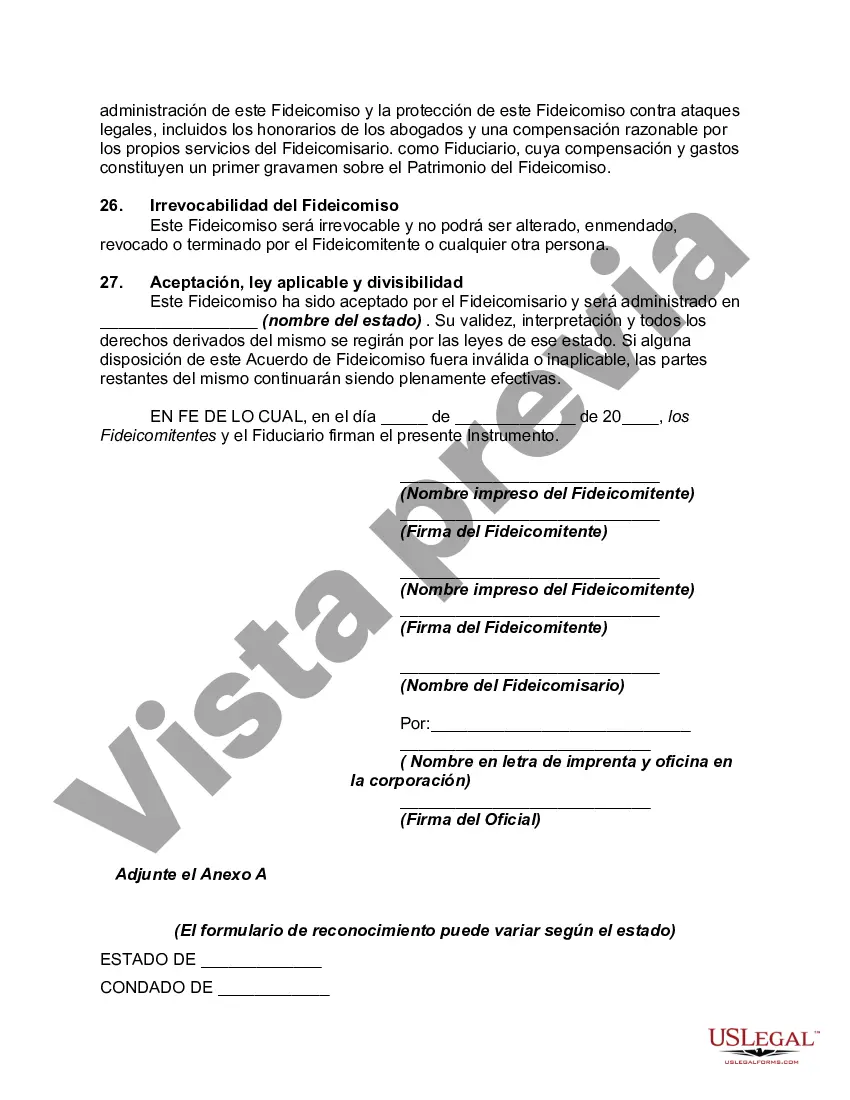 Preview Contrato de Fideicomiso Irrevocable con Fideicomitentes Mancomunados en Beneficio de sus Hijos con Disposiciones de Fideicomiso derrochador