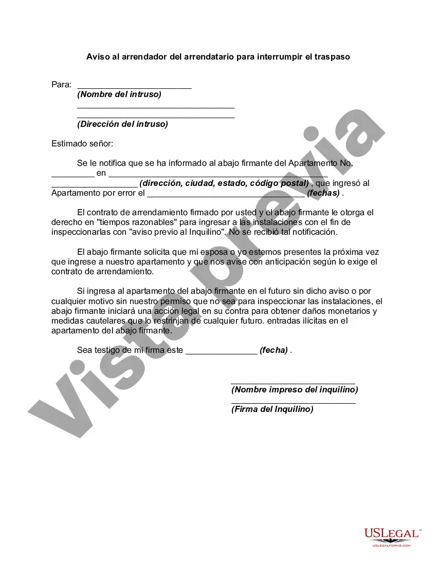 Preview Aviso al arrendador del arrendatario para interrumpir el traspaso