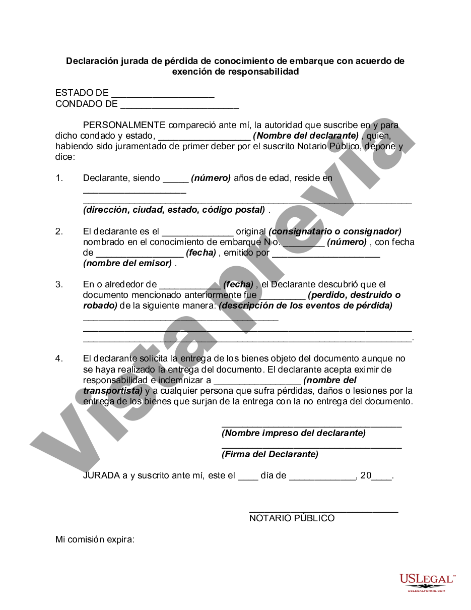 Harris Texas Declaración Jurada De Pérdida De Conocimiento De Embarque Con Acuerdo De Exención 1425