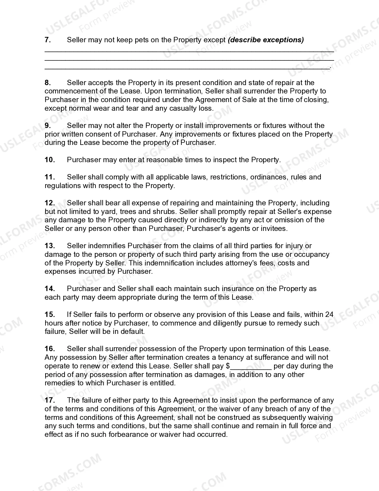 Preview Temporary Residential Lease - Occupation by Seller - Post-Closing