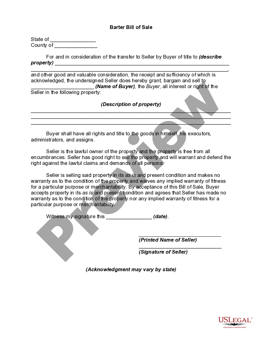 Nevada Barter Bill of Sale Bill Sale Sample US Legal Forms