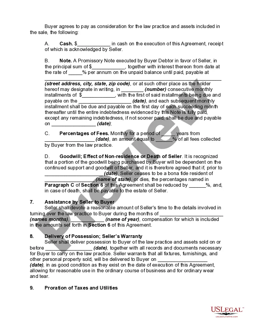 Preview Agreement for Sale of Sole Proprietorship Law Practice with Restrictive Covenant