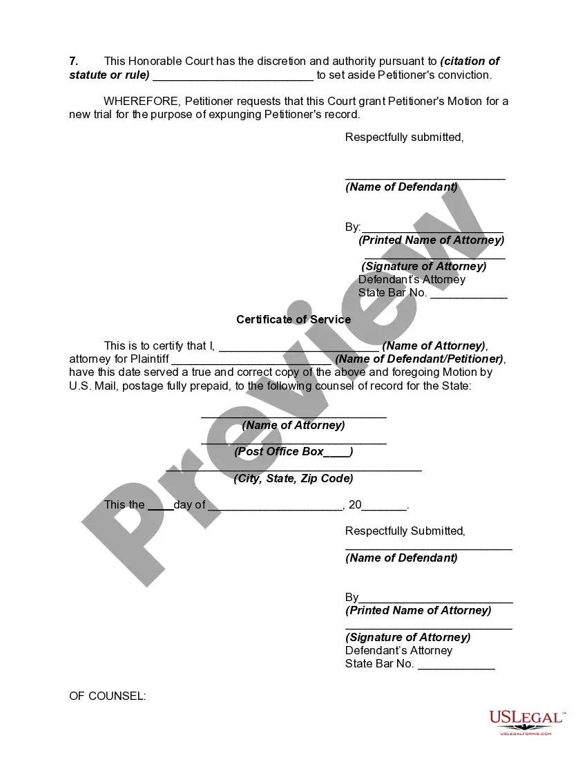 Get Motion for New Trial for Purpose of Expunging Criminal Record Preview Motion for New Trial for Purpose of Expunging Criminal Record