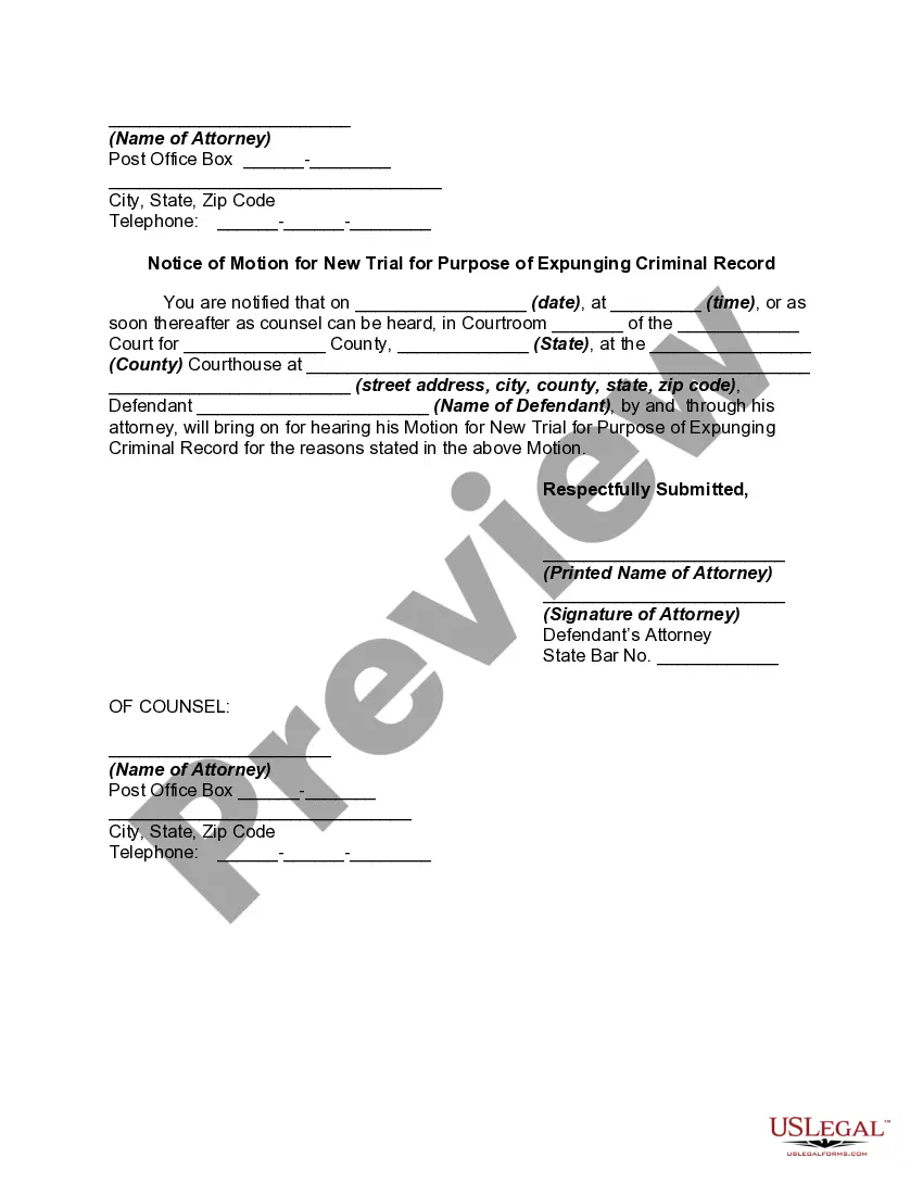 Get Motion for New Trial for Purpose of Expunging Criminal Record Preview Motion for New Trial for Purpose of Expunging Criminal Record