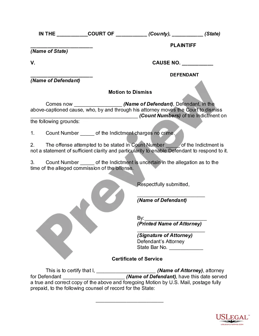 Motion To Dismiss Counts Of Indictment - Indictment | US Legal Forms