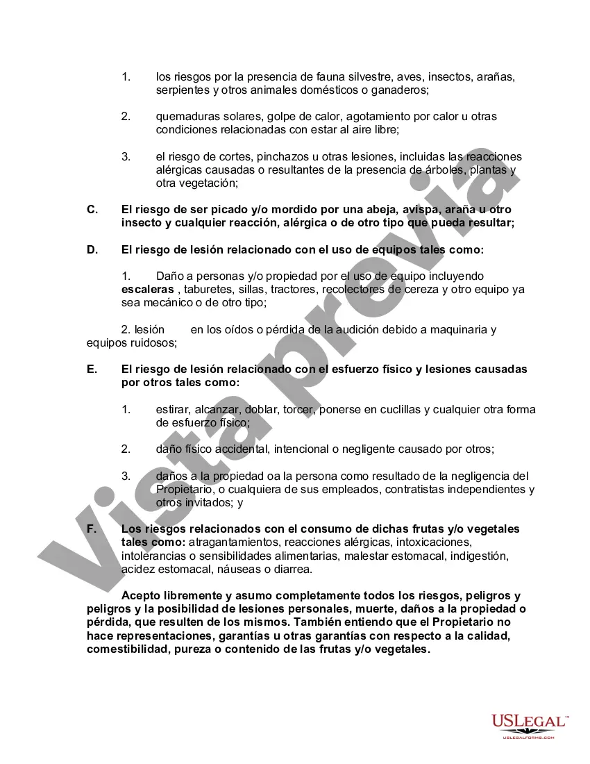 Preview Acuerdo de Liberación de Responsabilidad, Renuncia a Reclamos, Asunción de Riesgos e Indemnización por Cosechar Frutas y/o Verduras en Propiedad de Otro
