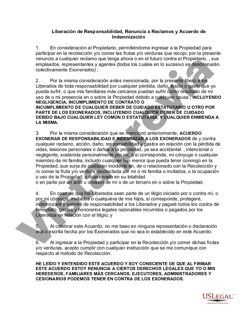 Preview Acuerdo de Liberación de Responsabilidad, Renuncia a Reclamos, Asunción de Riesgos e Indemnización por Cosechar Frutas y/o Verduras en Propiedad de Otro