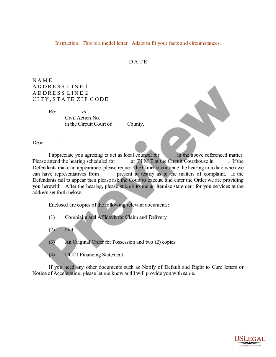 page 0 Sample Letter for Instructions to Appointed - Local Counsel - UCC-1 preview