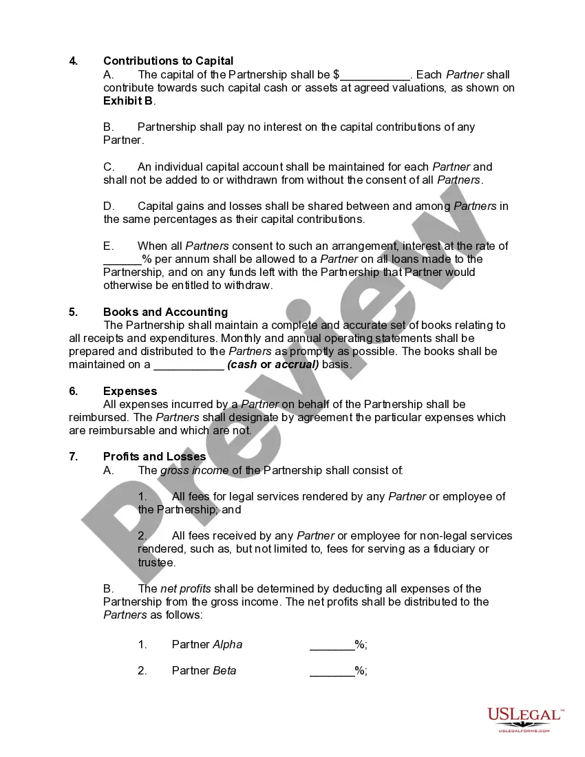 Preview Law Partnership Agreement with Provisions for Terminating the Interest of a Partner - No Managing Partner