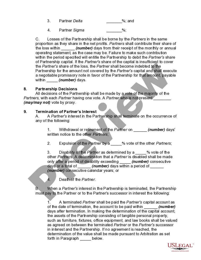 Preview Law Partnership Agreement with Provisions for Terminating the Interest of a Partner - No Managing Partner