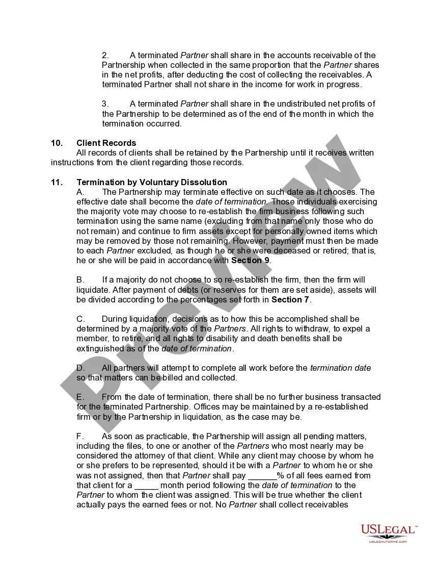 Preview Law Partnership Agreement with Provisions for Terminating the Interest of a Partner - No Managing Partner