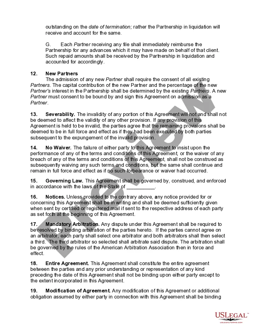Preview Law Partnership Agreement with Provisions for Terminating the Interest of a Partner - No Managing Partner