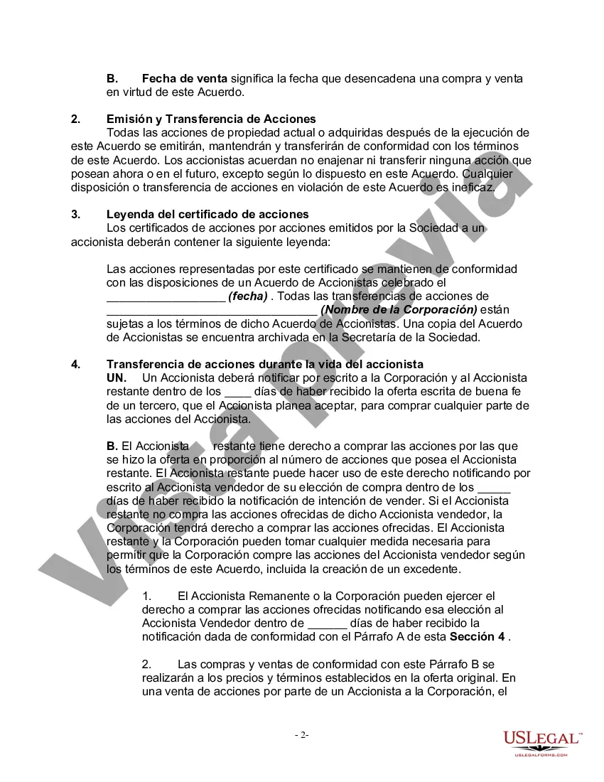 Preview Acuerdo de Accionistas con Acuerdo de Compra-Venta que Otorga a la Corporación el Primer Derecho de Negarse a Comprar las Acciones del Accionista Fallecido si los Beneficiarios del Accionista Fallecido Desean Vender dichas Acciones