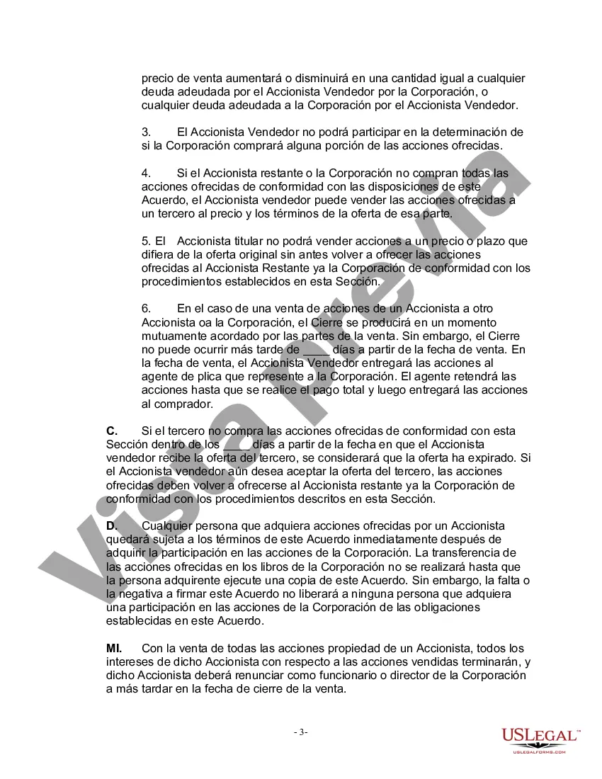 Preview Acuerdo de Accionistas con Acuerdo de Compra-Venta que Otorga a la Corporación el Primer Derecho de Negarse a Comprar las Acciones del Accionista Fallecido si los Beneficiarios del Accionista Fallecido Desean Vender dichas Acciones
