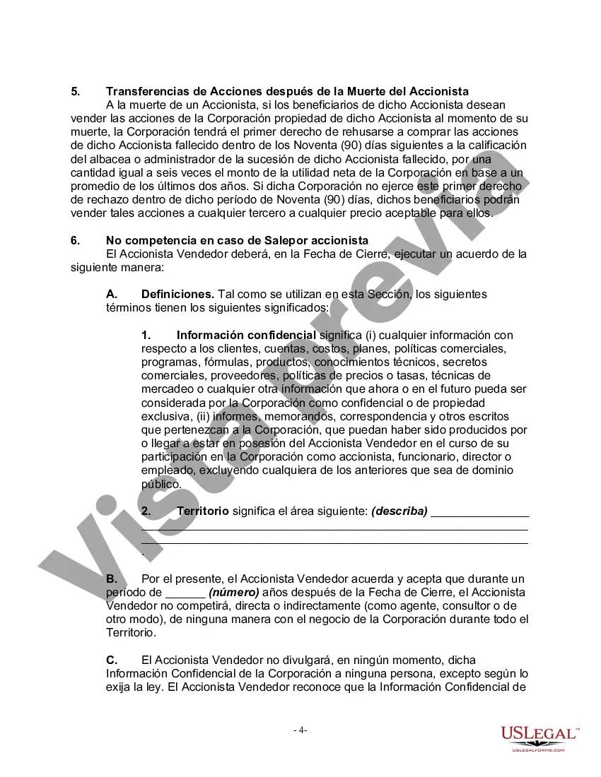Preview Acuerdo de Accionistas con Acuerdo de Compra-Venta que Otorga a la Corporación el Primer Derecho de Negarse a Comprar las Acciones del Accionista Fallecido si los Beneficiarios del Accionista Fallecido Desean Vender dichas Acciones