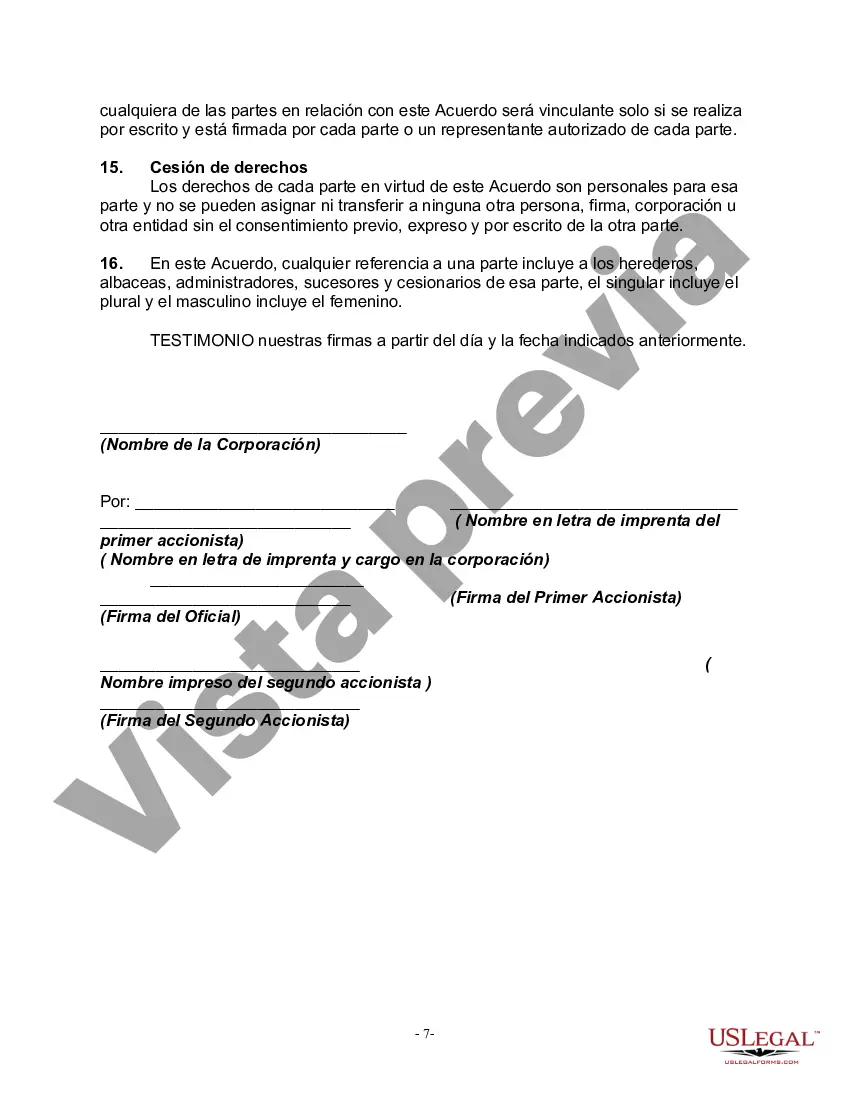 Preview Acuerdo de Accionistas con Acuerdo de Compra-Venta que Otorga a la Corporación el Primer Derecho de Negarse a Comprar las Acciones del Accionista Fallecido si los Beneficiarios del Accionista Fallecido Desean Vender dichas Acciones