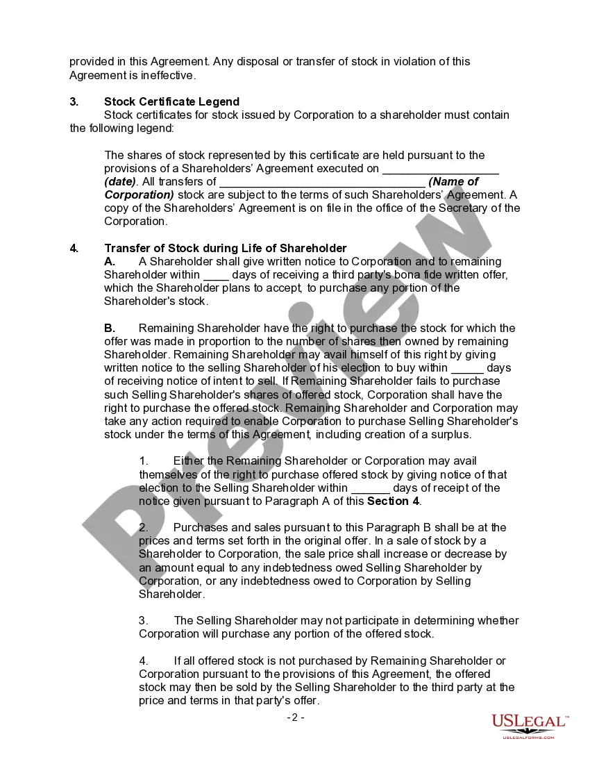 Get Shareholders' Agreement with Buy-Sell Agreement Allowing Corporation the First Right of Refusal to Purchase the Shares of Deceased Shareholder should the Beneficiaries of the Deceased Shareholder Desire to Sell such Shares Preview Shareholders' Agreement with Buy-Sell Agreement Allowing Corporation the First Right of Refusal to Purchase the Shares of Deceased Shareholder should the Beneficiaries of the Deceased Shareholder Desire to Sell such Shares