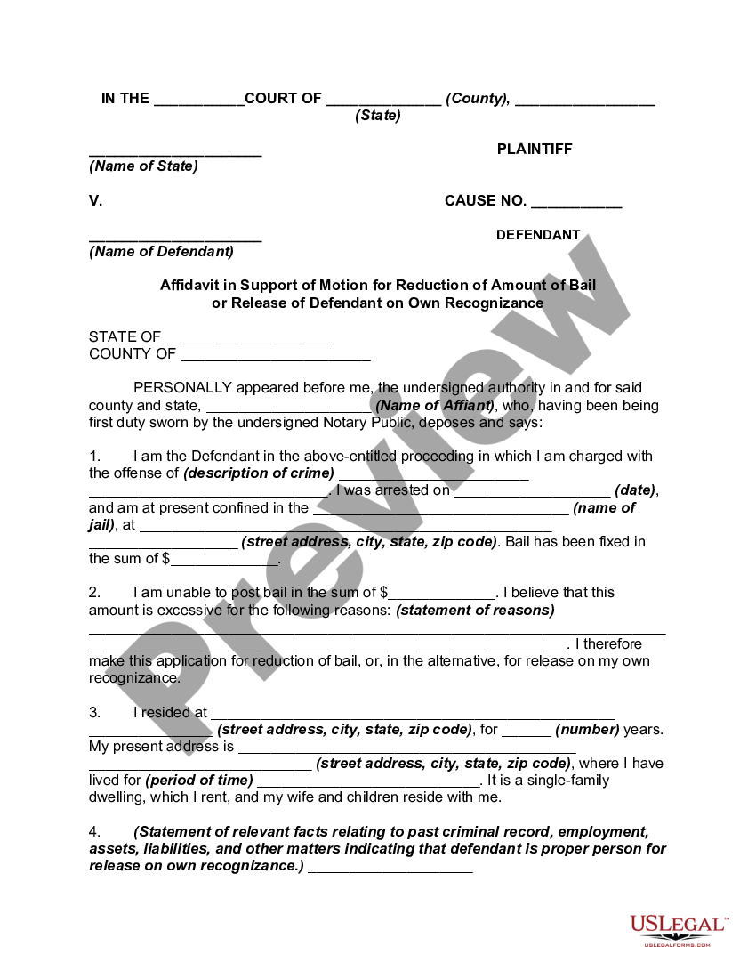 Affidavit in Support of Motion for Reduction of Amount of Bail or ...