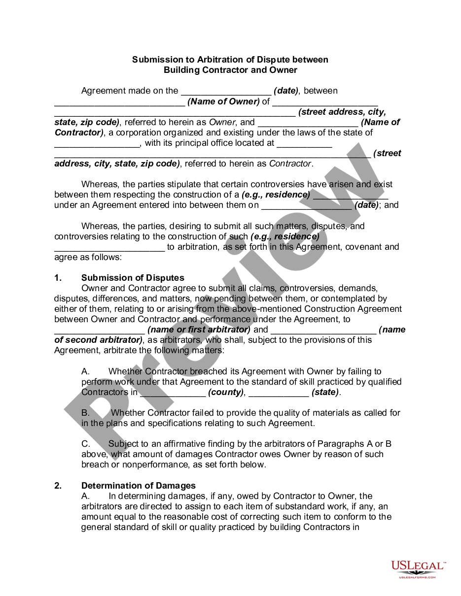 page 0 Submission to Arbitration of Dispute between Building Construction Contractor and Owner  preview