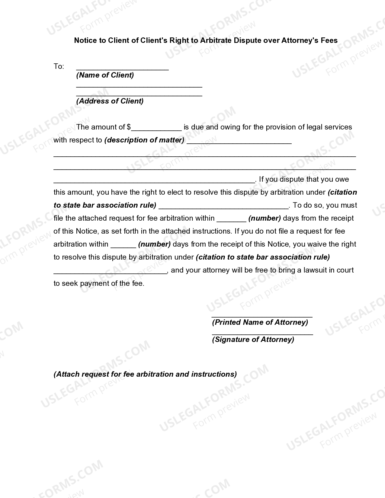 Notice to Client of Client's Right to Arbitrate Dispute over Attorney's