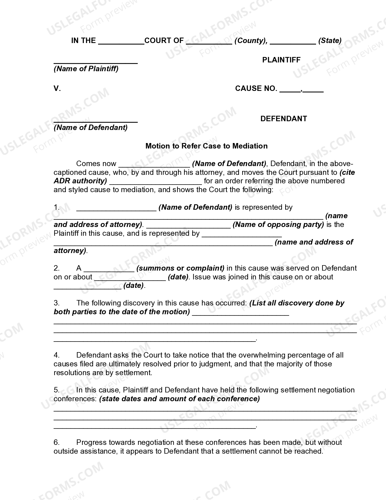Motion to Refer Case to Mediation Motion Mediation US Legal Forms